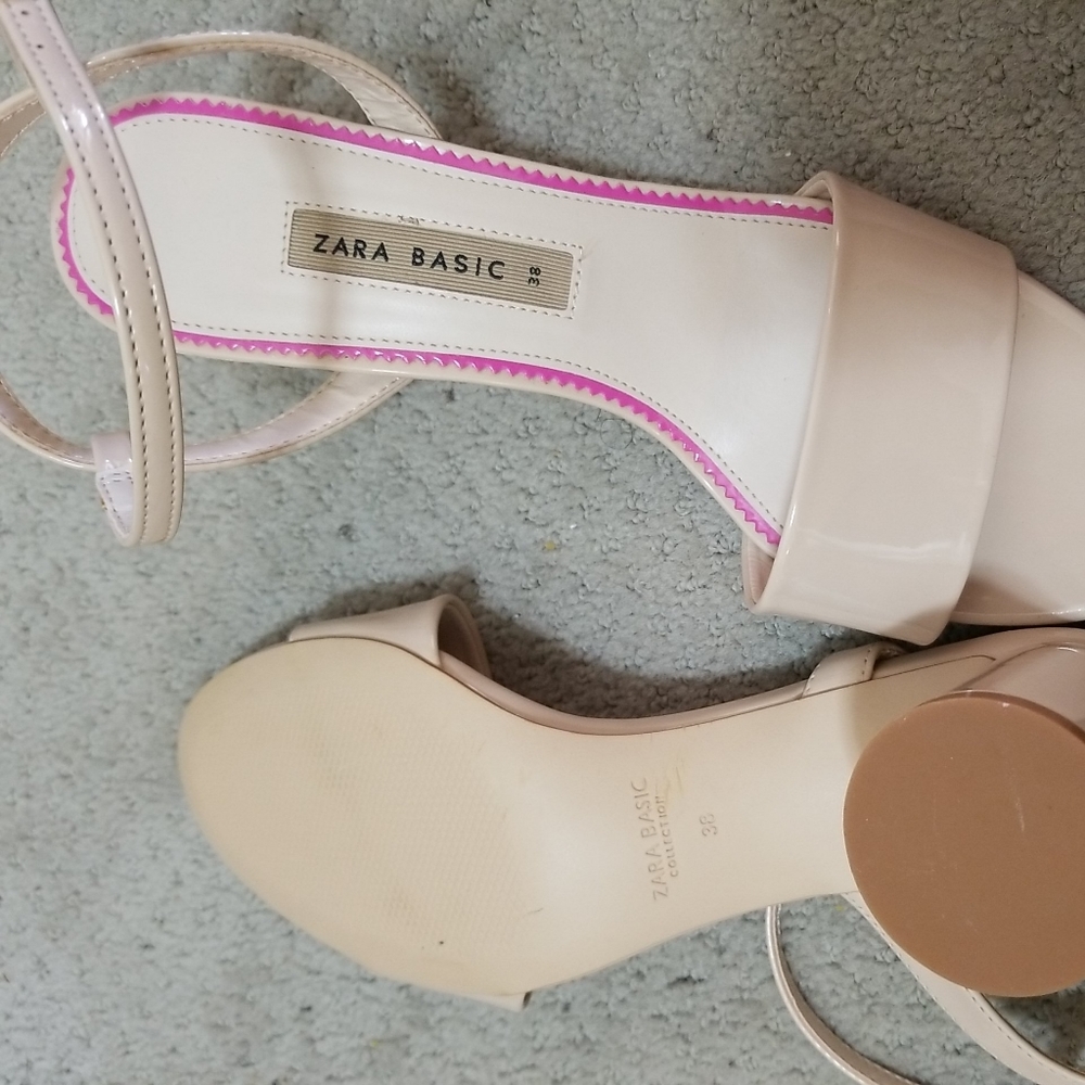 Zara Basic Nude Laquer Strap Round Heel Sandals S - image 3